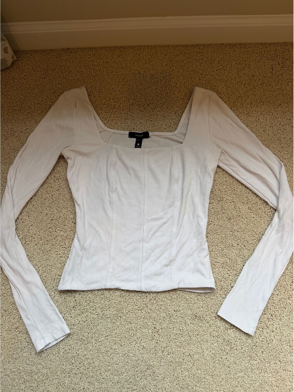 AQUA White Ribbed Square Neck Corset Seam Long Sleeve Top Women's XS